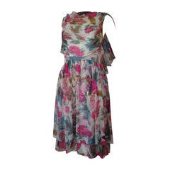 1950s Silk Chiffon Floral Print Cocktail Dress w/ Caplet 11