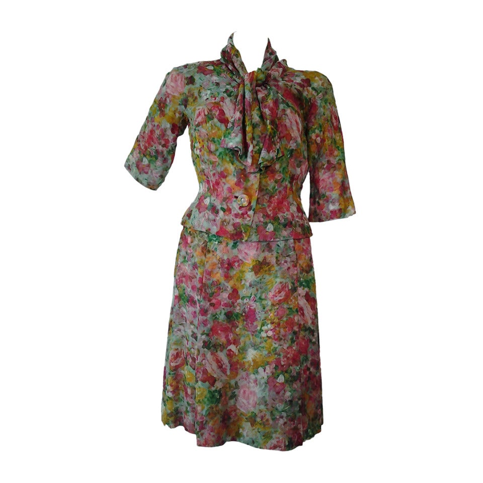 1950s Silk Impressionist Floral Print Chiffon Suit