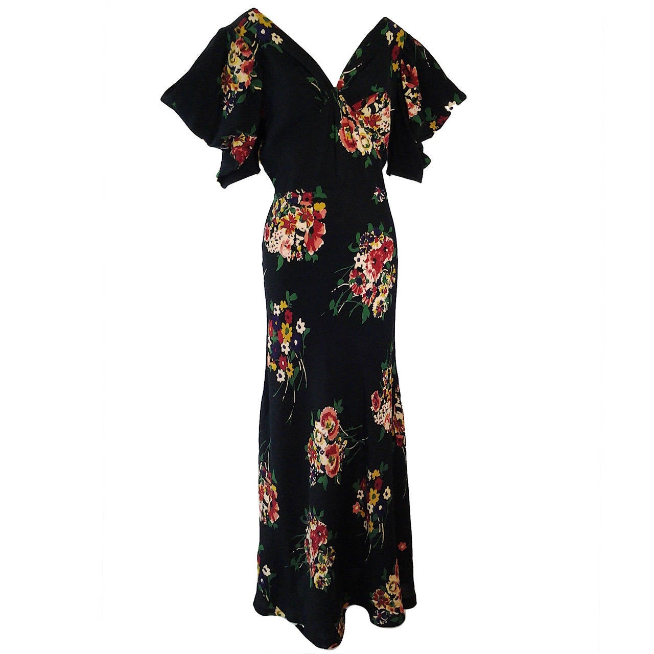 1930s Bias-Cut Rayon Print Gown with Lovely Peek-a-Boo Shoulders