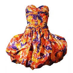 1980s Bill Blass Silk Floral Print Strapless Pouf Dress