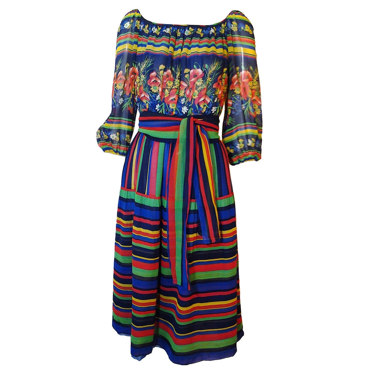 1970s Silk Chiffon Floral and Striped Peasant Dress