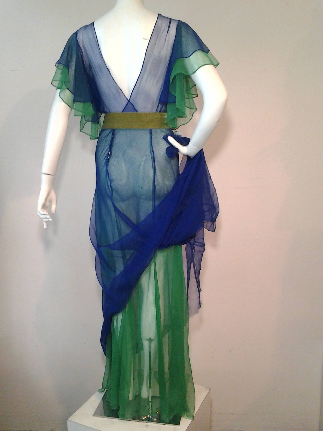 Women's 1930s Silk Chiffon Gown in Cobalt and Kelly Green Layers w/ Velvet Belt