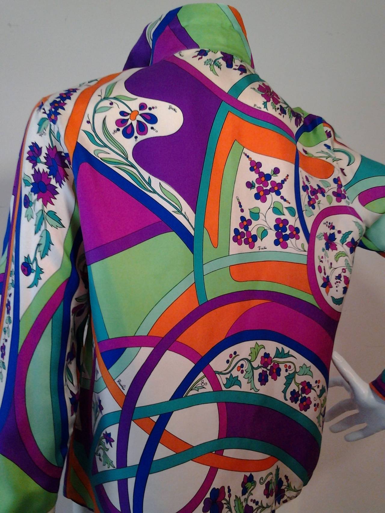 1960s Emilio Pucci Silk Floral and Psychedelic Print Blouse In Excellent Condition In Gresham, OR