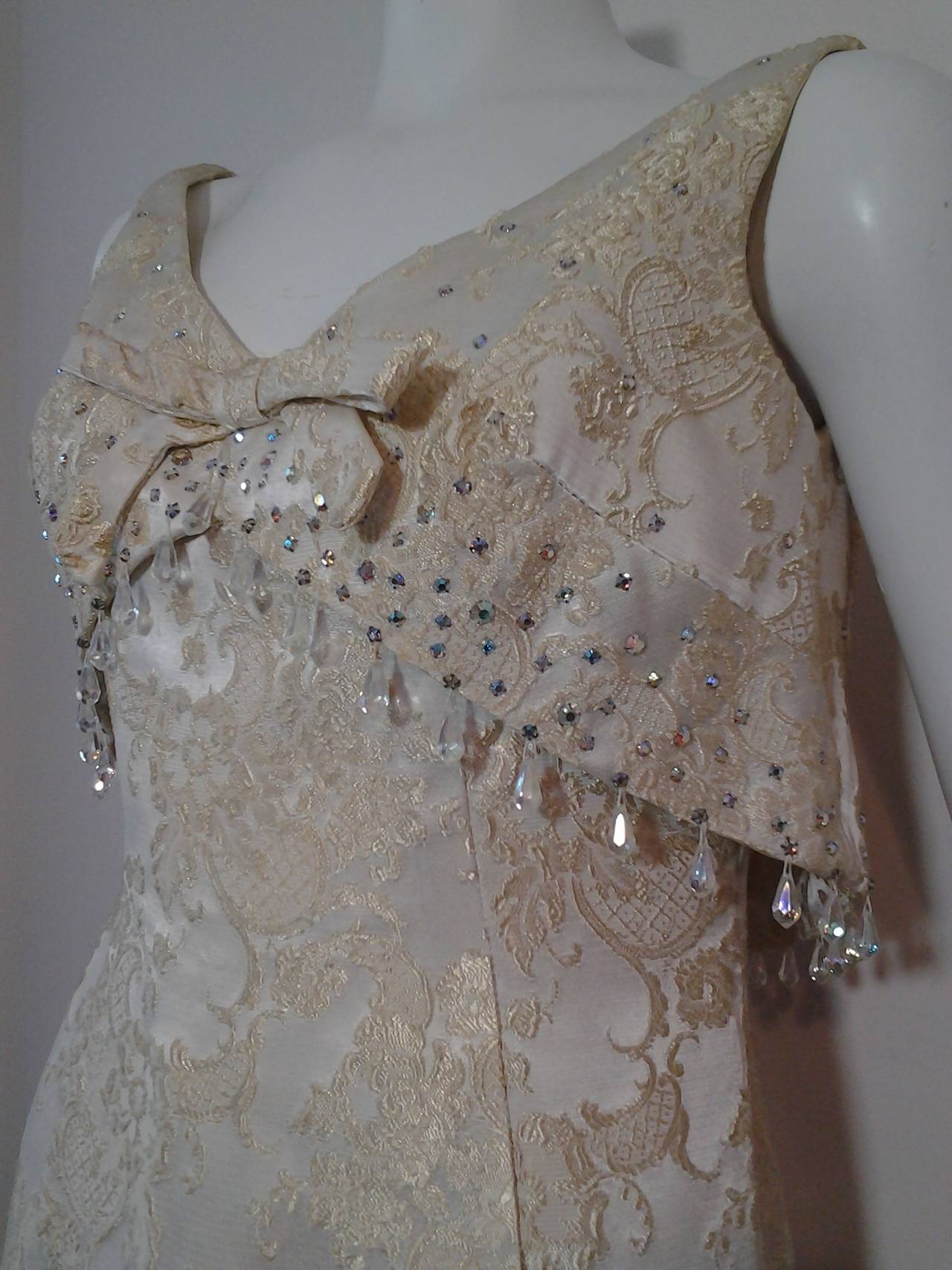 1960s Gold and Cream Brocade Gown with Floating Jeweled Bodice Panel In Excellent Condition In Gresham, OR