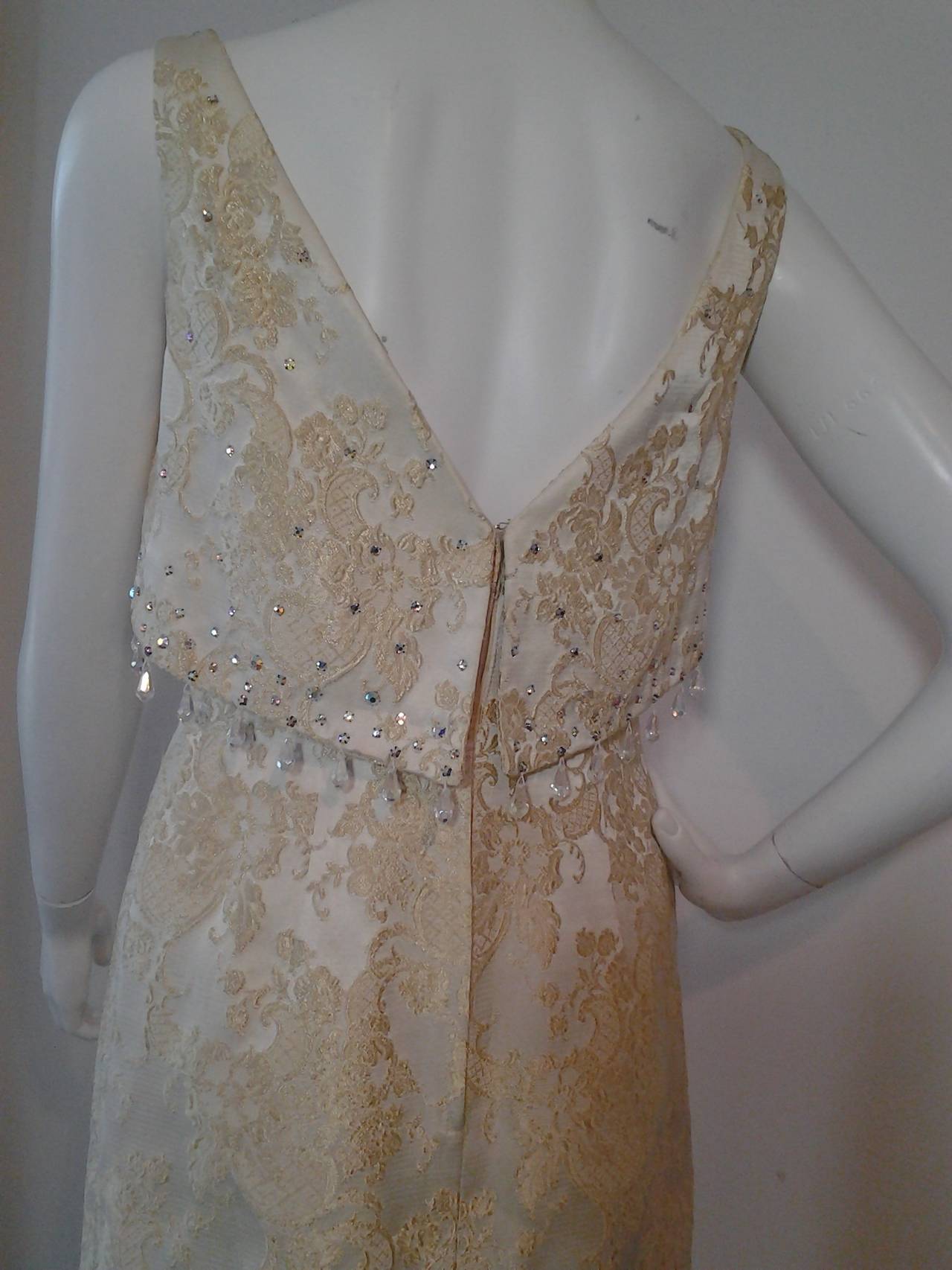 Gray 1960s Gold and Cream Brocade Gown with Floating Jeweled Bodice Panel