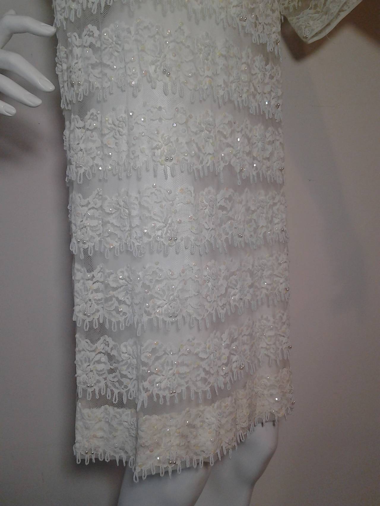 1960s White Net Lace Cocktail Mini Dress w/ Beaded and Sequined Banding 1