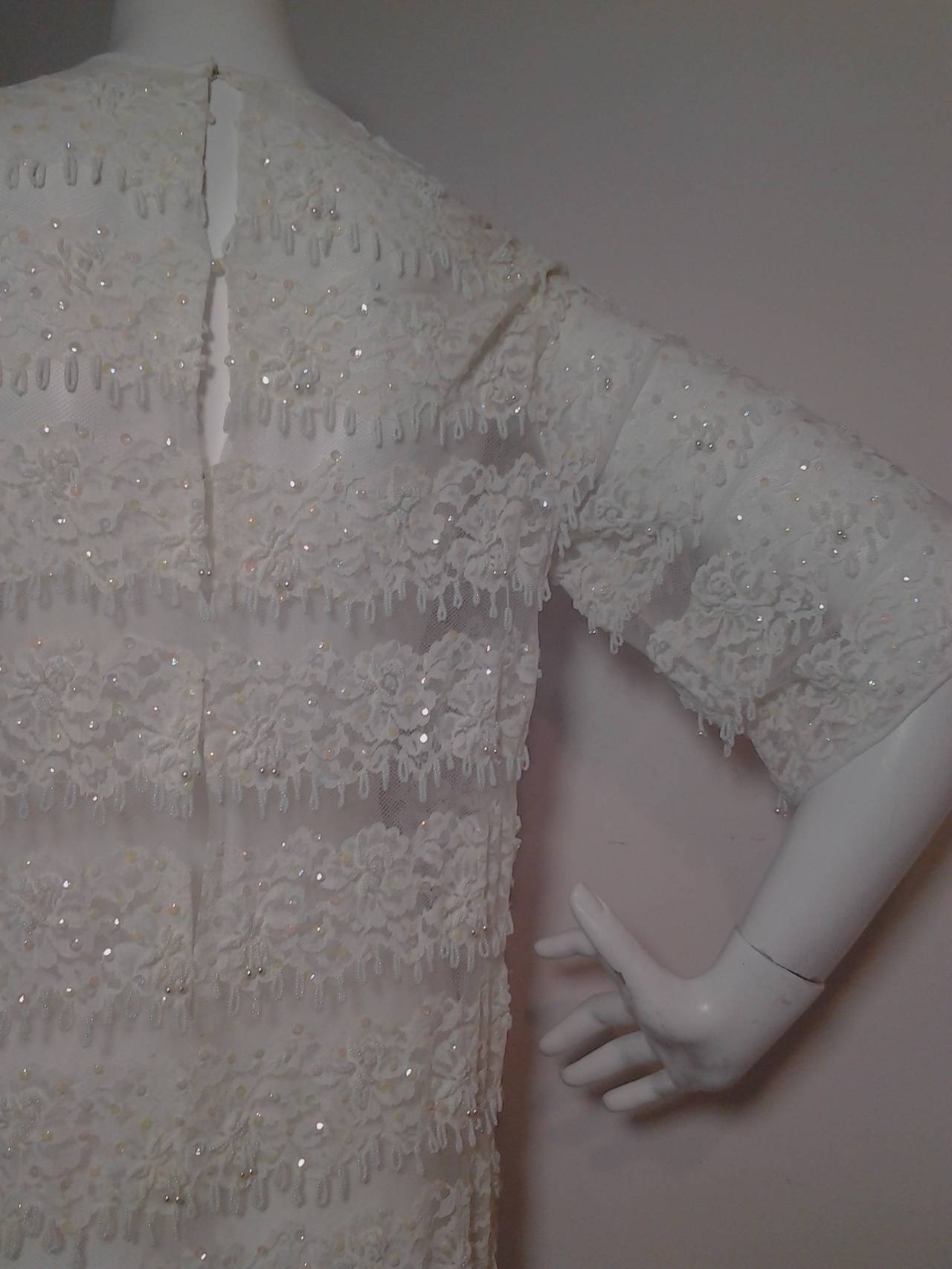 1960s White Net Lace Cocktail Mini Dress w/ Beaded and Sequined Banding In Excellent Condition In Gresham, OR