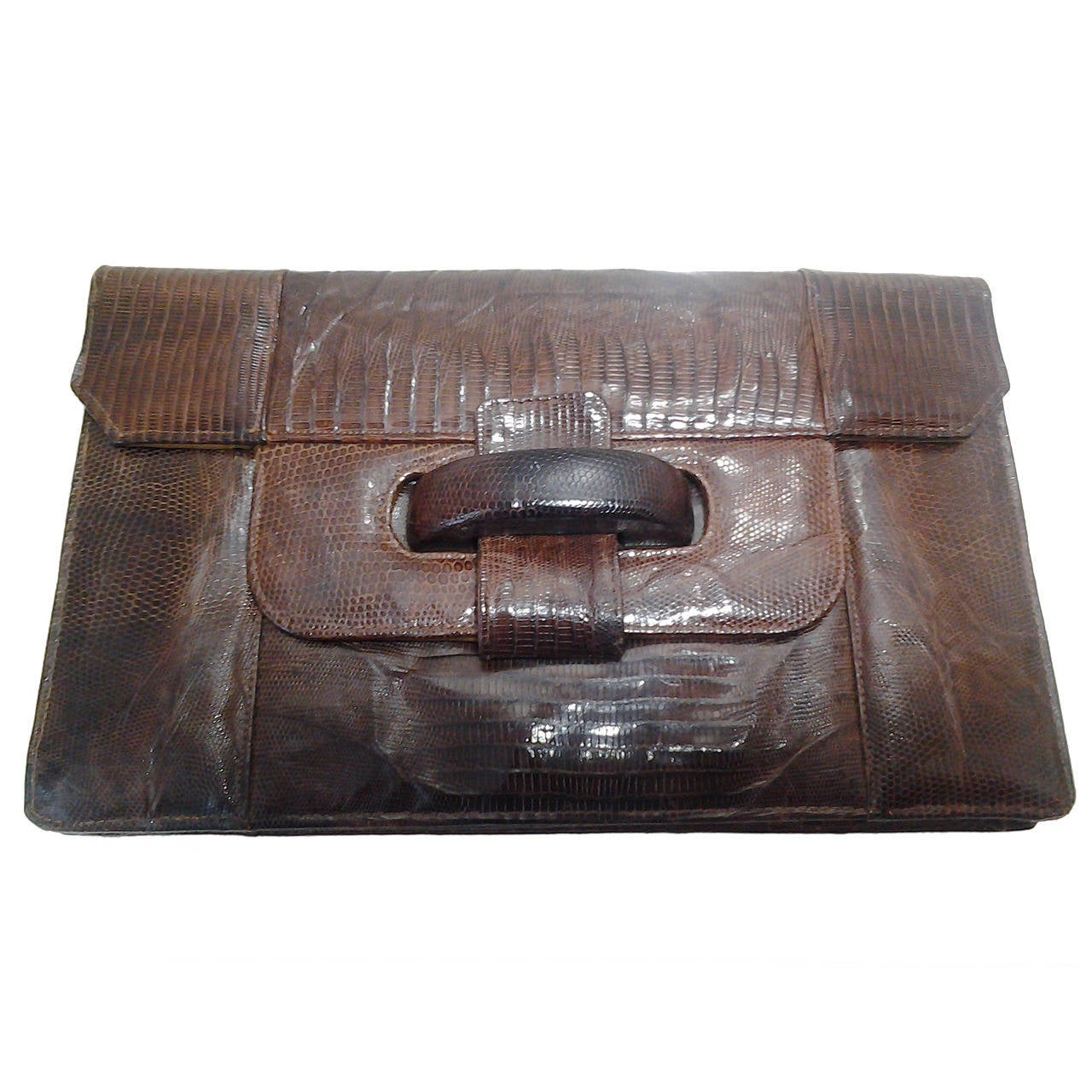1940s Argentinian Chocolate Brown Lizard Clutch w/ Slide Tab Closure