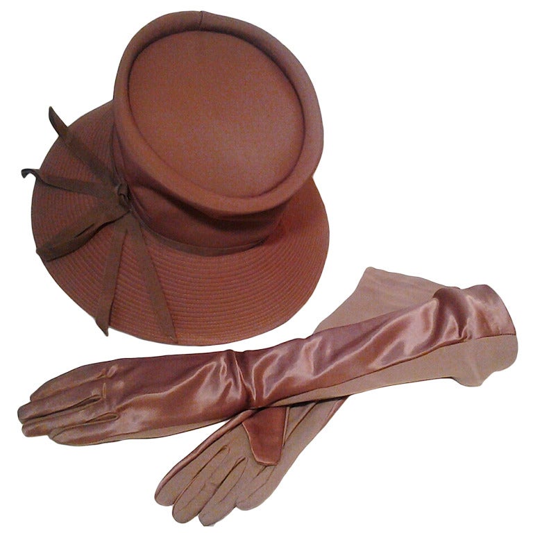 1960s Gene Doris Cappuccino Acetate Hat and Matching Satin/Jersey Gloves