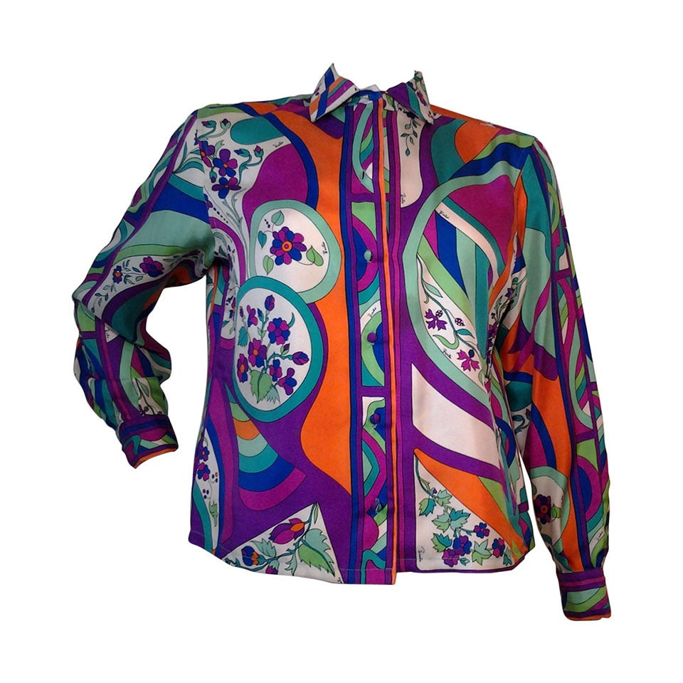 1960s Emilio Pucci Silk Floral and Psychedelic Print Blouse