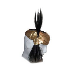 1930s "New York Creations" Gold Lame Turban Style Hat w/ Black Egret Feathers