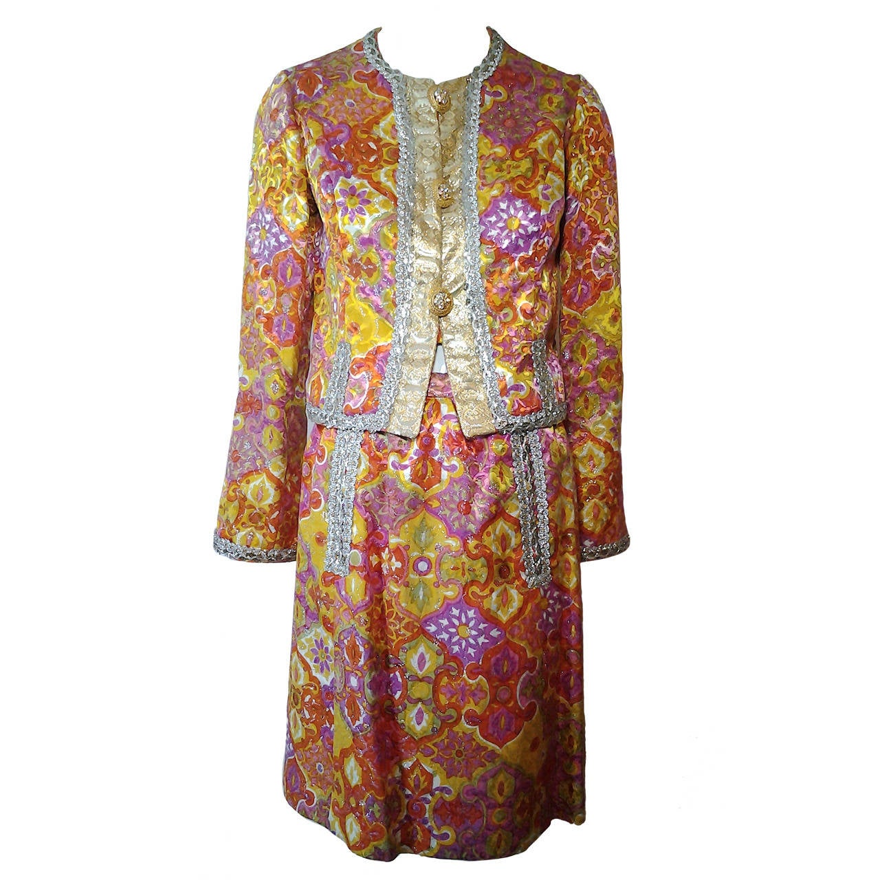 1960s Fern Violette Lame Floral Brocade Cocktail Suit w/ Metallic Trim