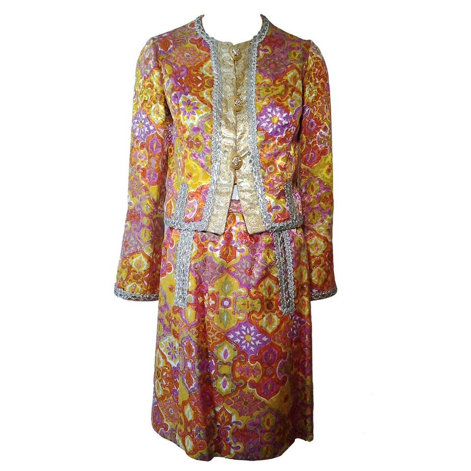 1960s Fern Violette Lame Floral Brocade Cocktail Suit w/ Metallic Trim ...