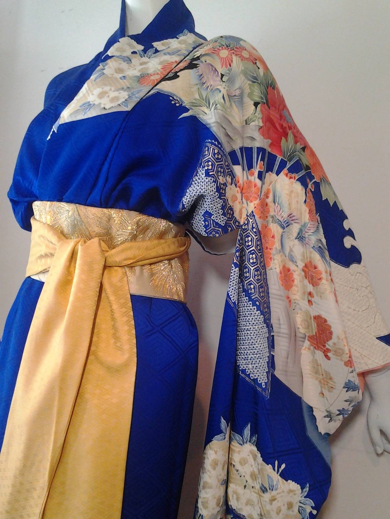 Women's or Men's 1970s Cobalt Blue Silk Floral Kimono Imported by Gumps of San Francisco