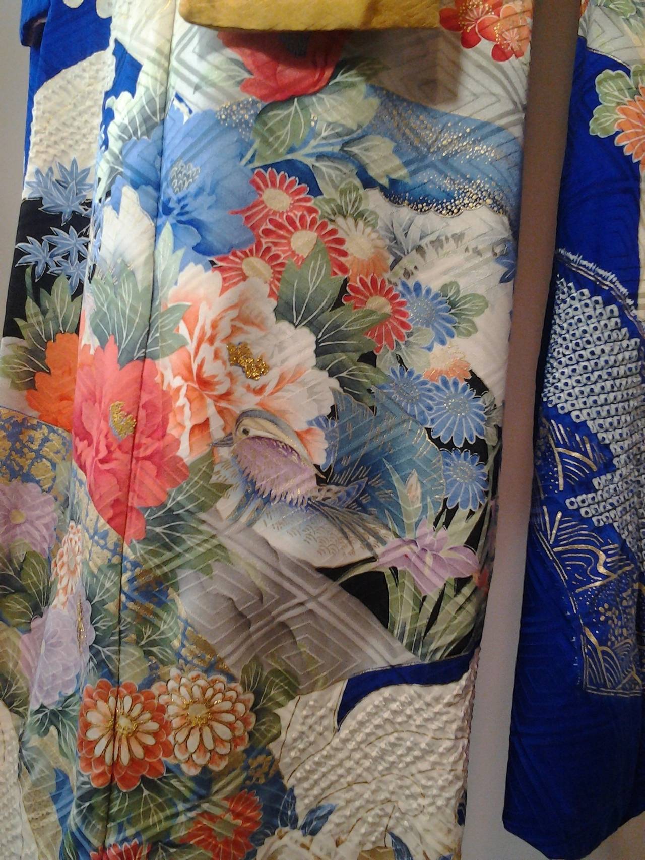 1970s Cobalt Blue Silk Floral Kimono Imported by Gumps of San Francisco 1