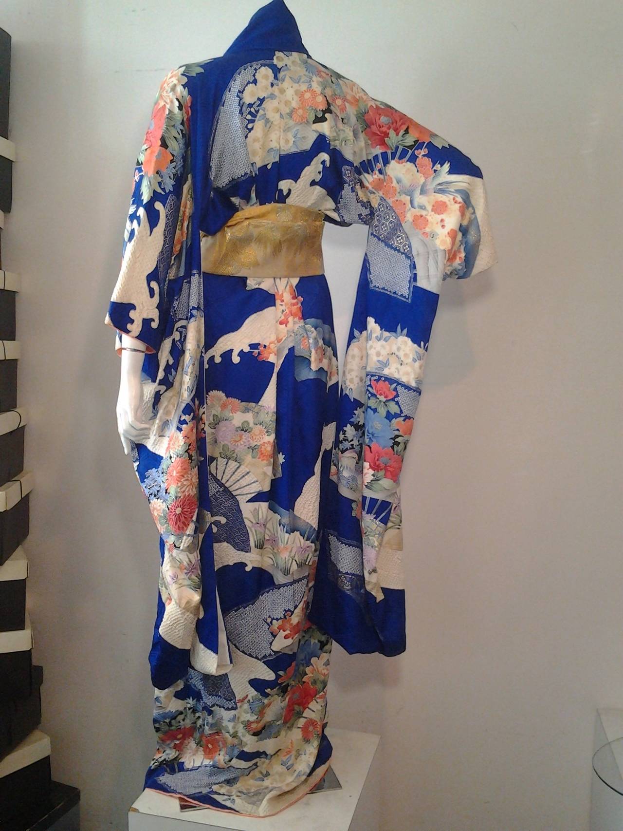 1970s Cobalt Blue Silk Floral Kimono Imported by Gumps of San Francisco In Excellent Condition In Gresham, OR