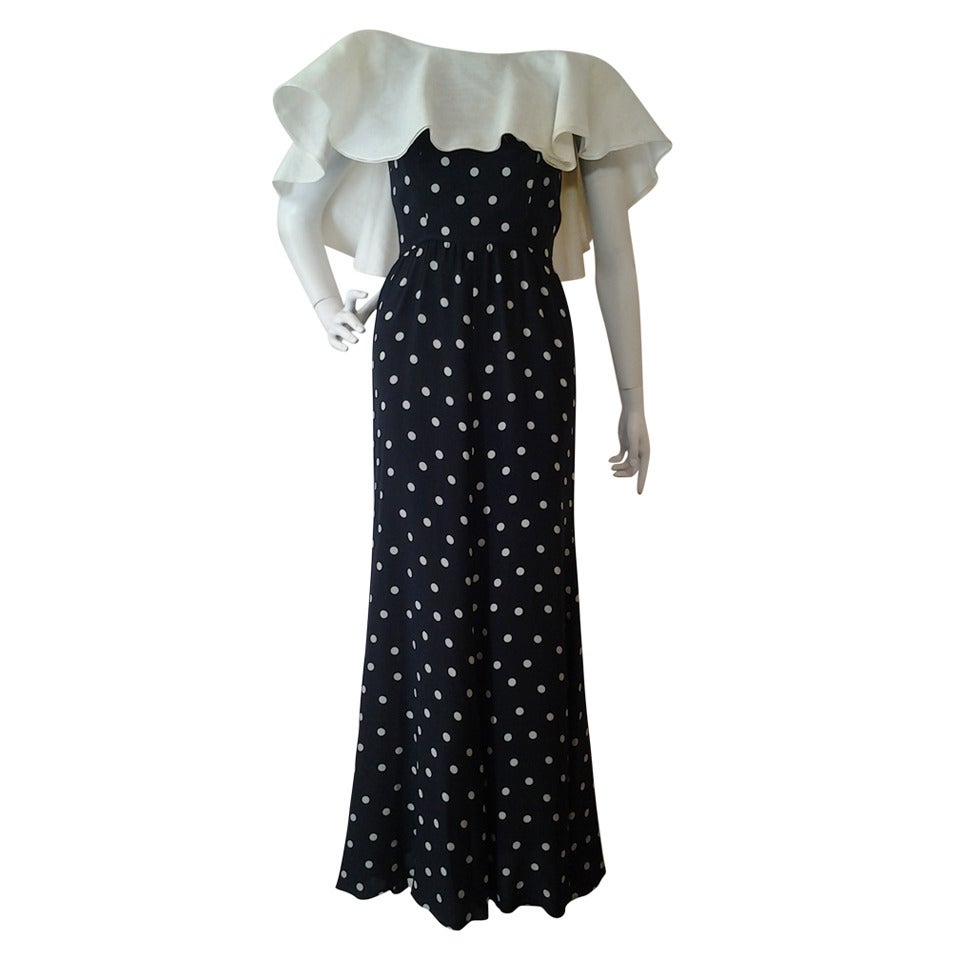 1970s Oscar de la Renta Black Silk PolkaDot Gown w/ Organza Ruffle Collar