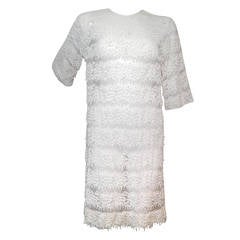 1960s White Net Lace Cocktail Mini Dress w/ Beaded and Sequined Banding