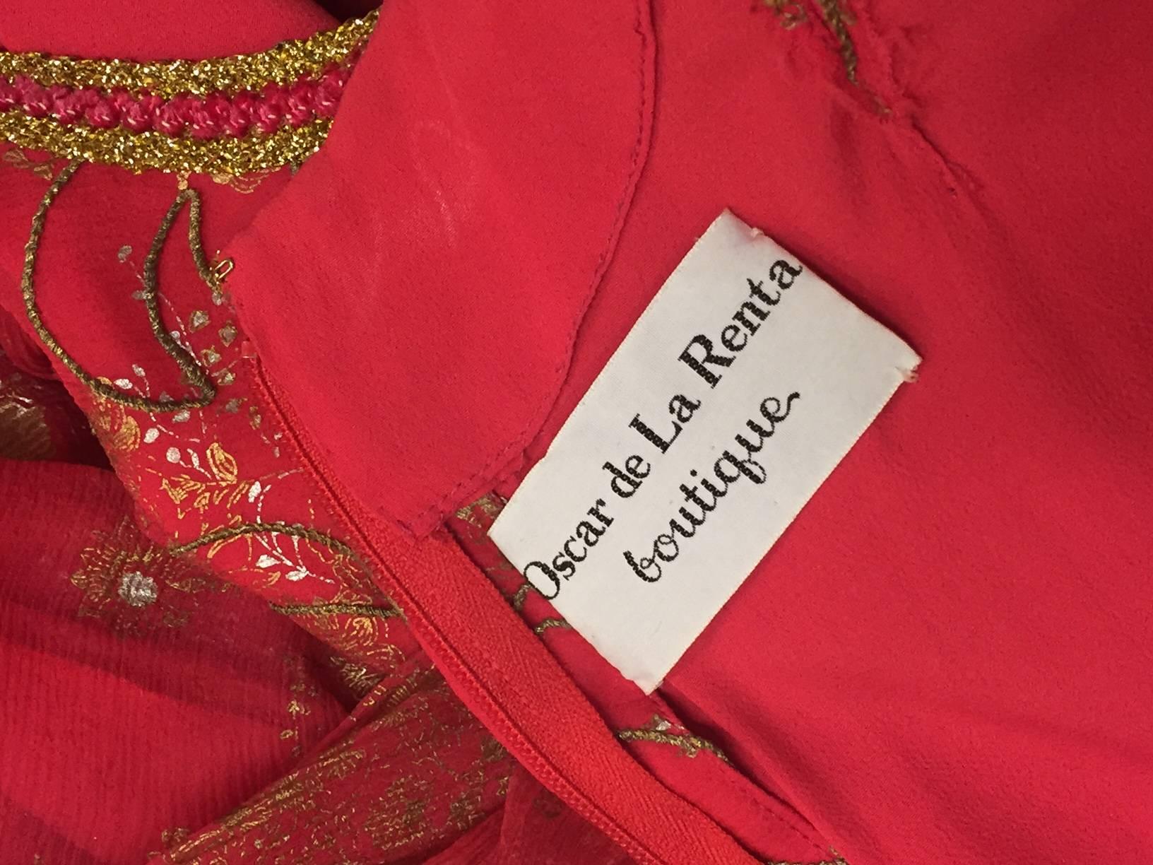 Early 1970s Oscar de La Renta Red Silk Peasant-Inspired Dress w/ Gold Trim 4