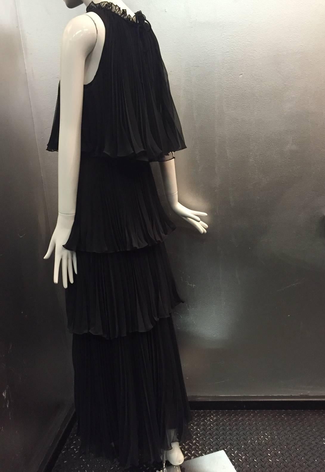 1970s Jean Varon Pleated and Tiered Crepe Chiffon Evening Gown 1
