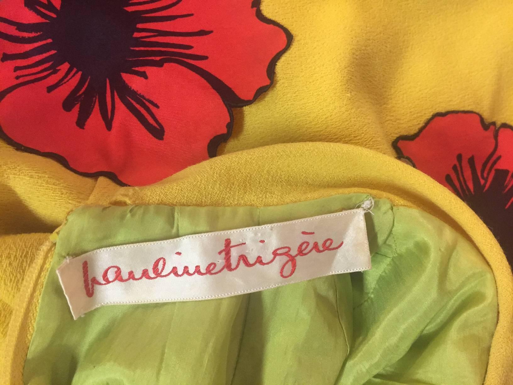 1960s Pauline Trigere Lemon Yellow Trapeze Mini w/ Poppy Appliqués 3