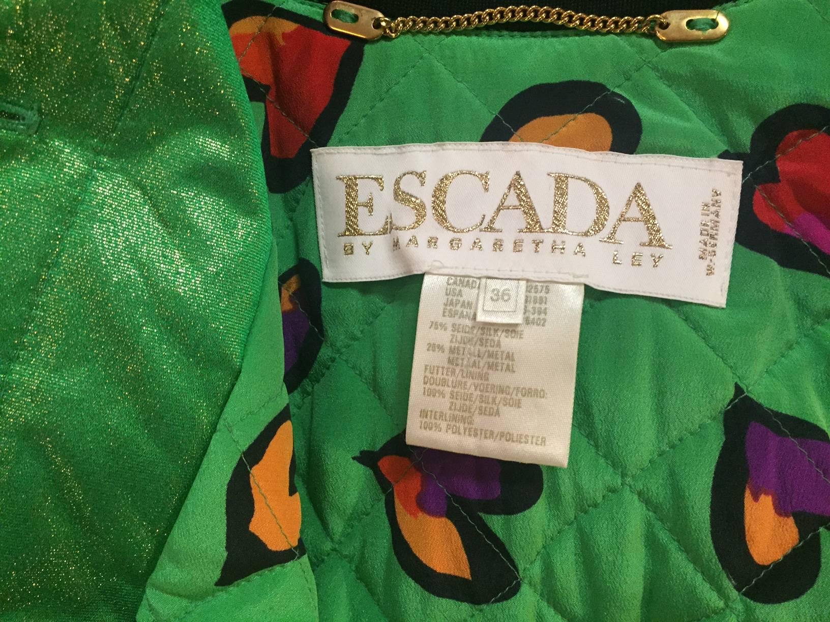 1980s Escada Acid Green Silk Lame Bomber-Style Jacket w/ Heart Print Lining  2