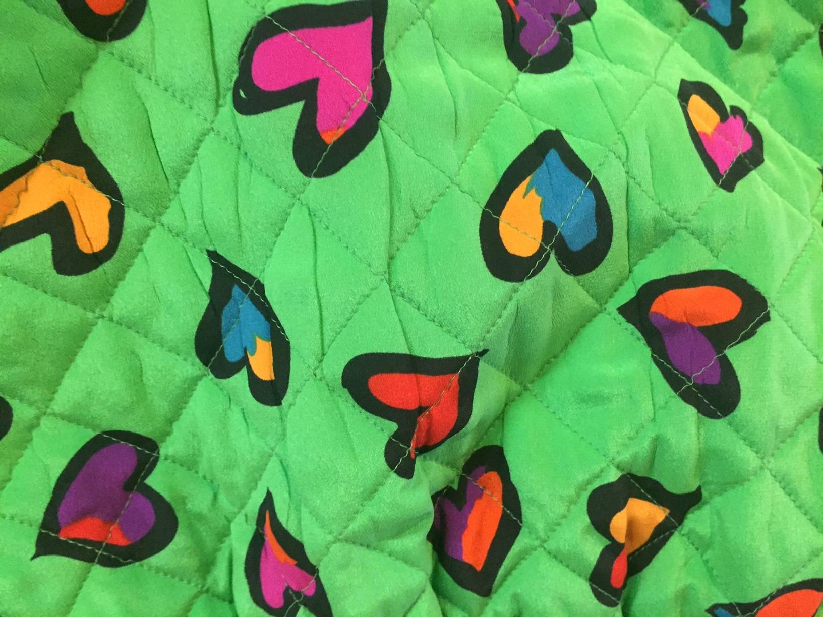 1980s Escada Acid Green Silk Lame Bomber-Style Jacket w/ Heart Print Lining  1