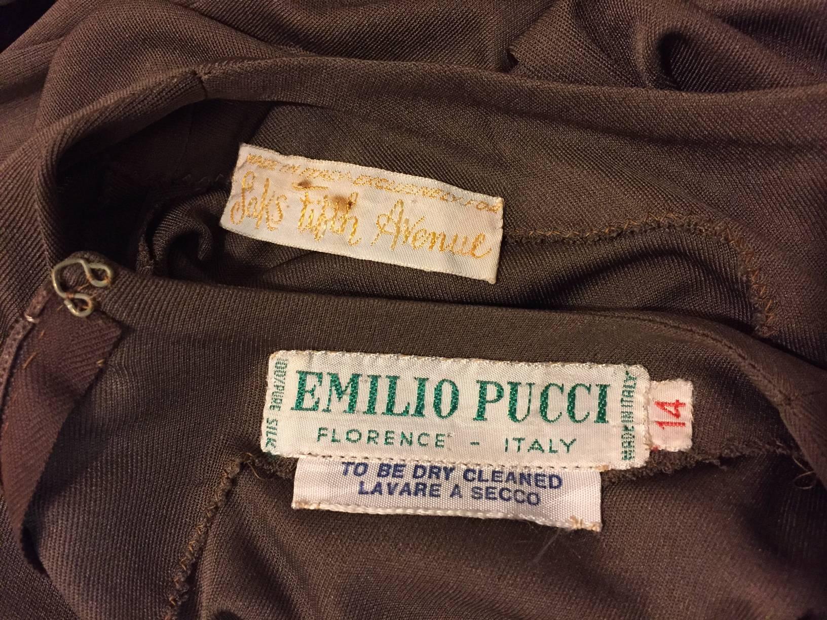 1970s Emilio Pucci Mocha Brown Silk Jersey Shift Dress with Matching Belt 2