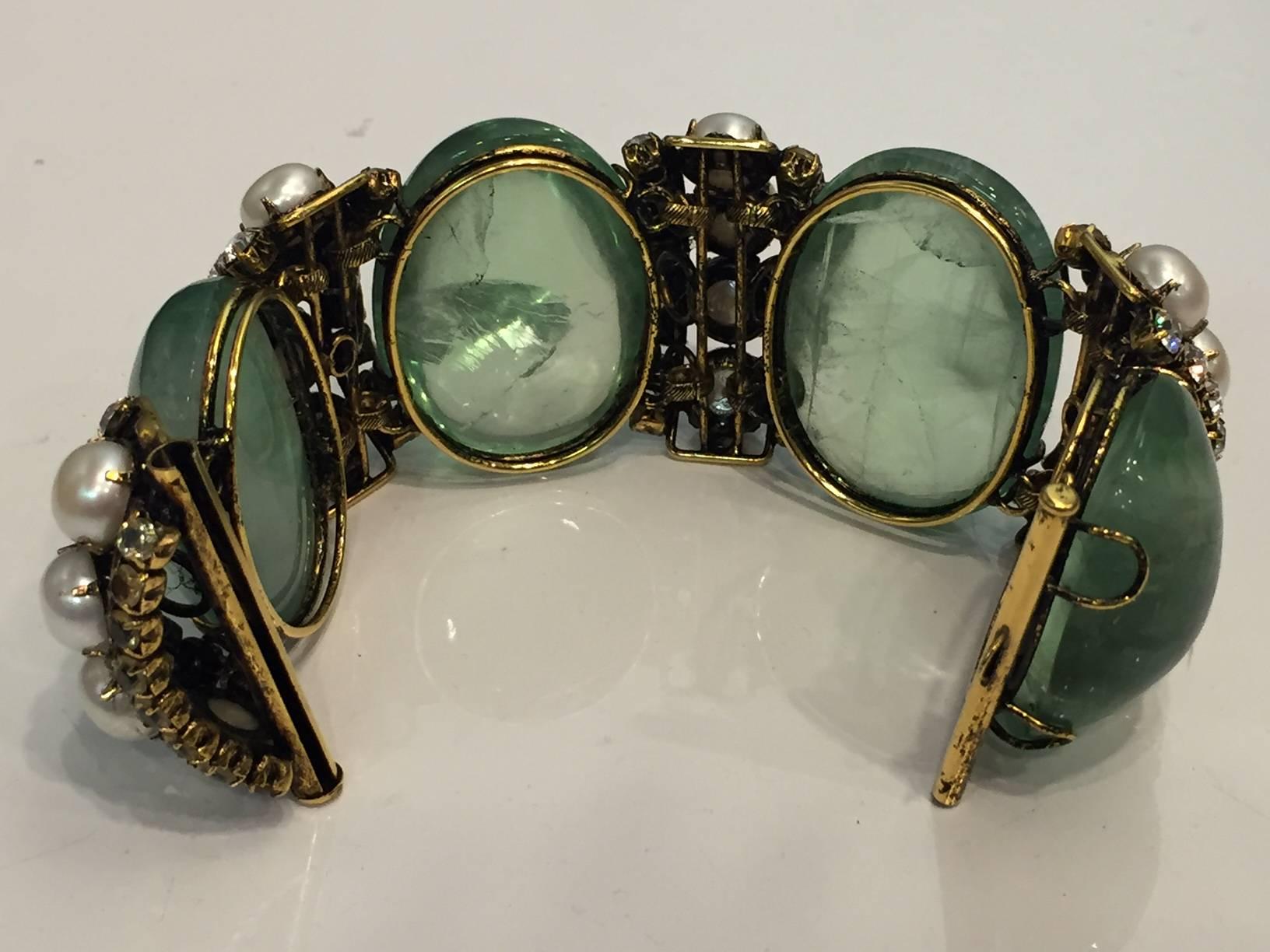 Iradj Moini Massive Bracelet with Green Cabochon Quartz  Pearls and Topaz  2