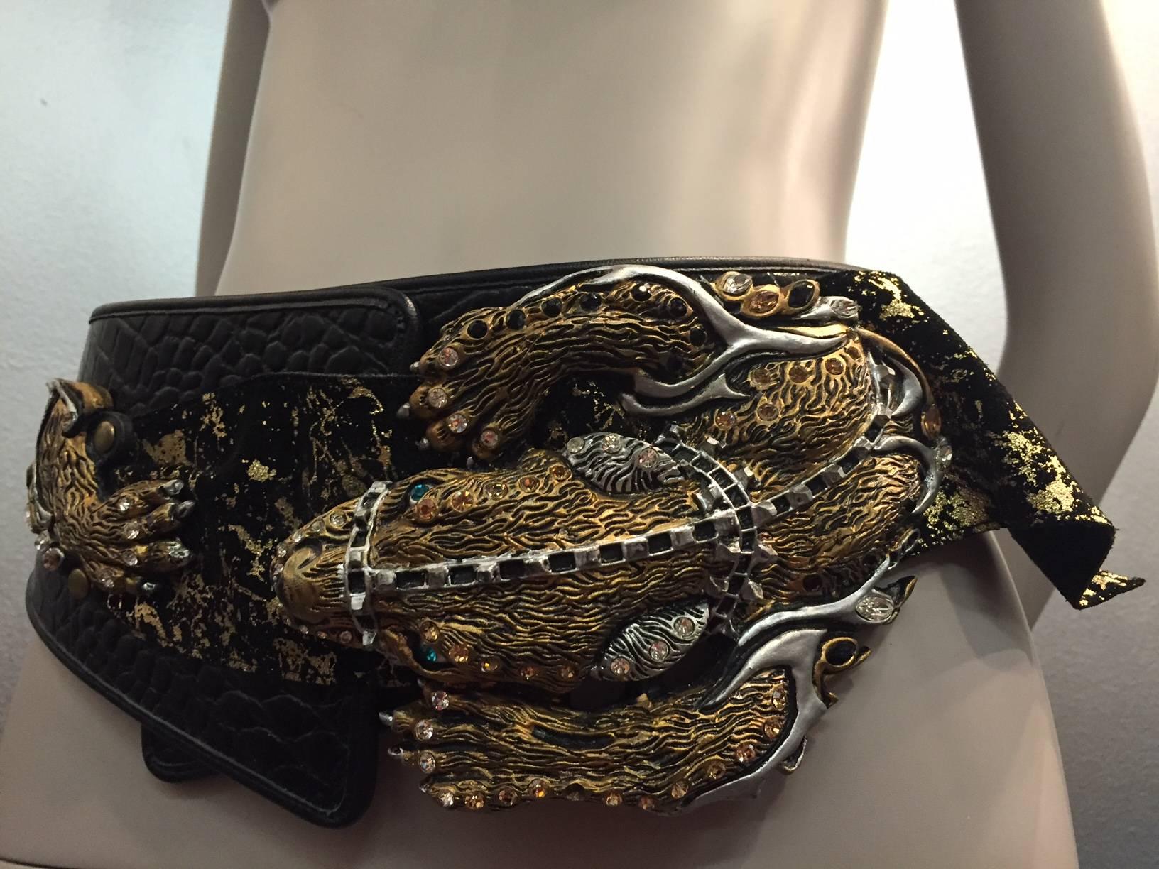 Large funky 1980s Hip Belt: Faux Alligator Sculpted Belt w/ Large 3-Dimensional Jeweled Dragon Clasp