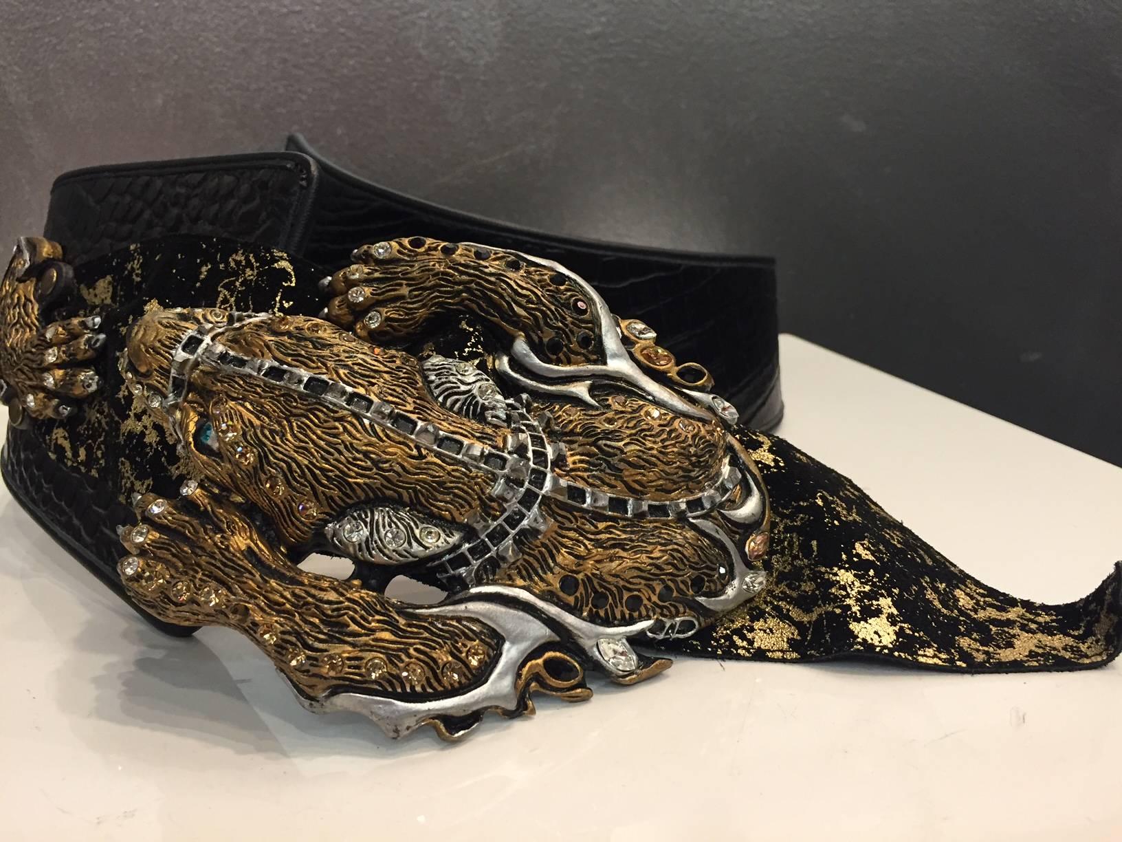 Black 1980s Faux Alligator Sculpted Hip Belt w/ Large 3-Dimensional Jeweled Dragon 