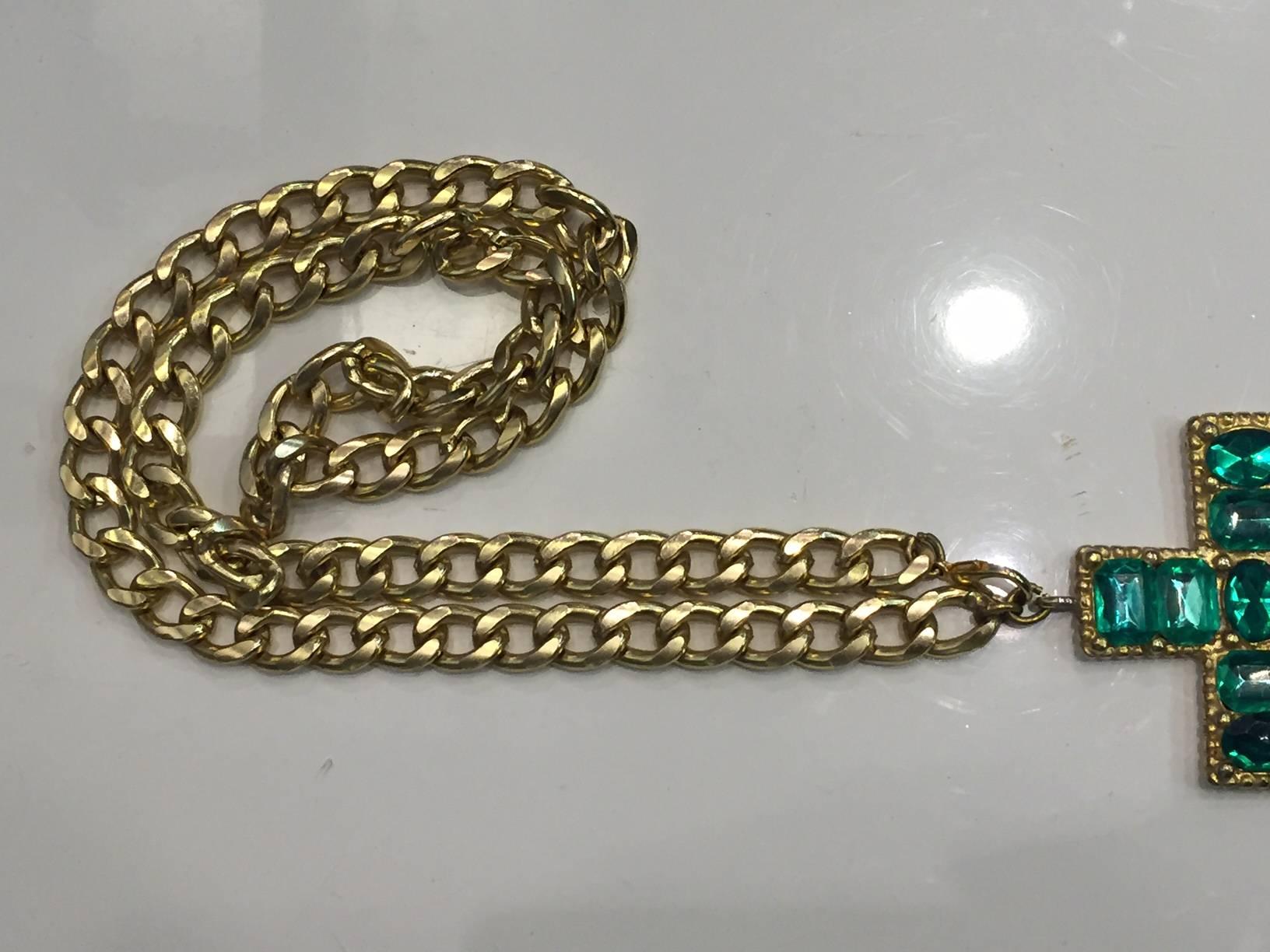 Byzantine 1980s Chunky Emerald Green Jeweled Cross on Gold-Tone Chain. 