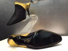 1990s Donna Karan Gilt Leather and Black Shantung Stiletto Mule