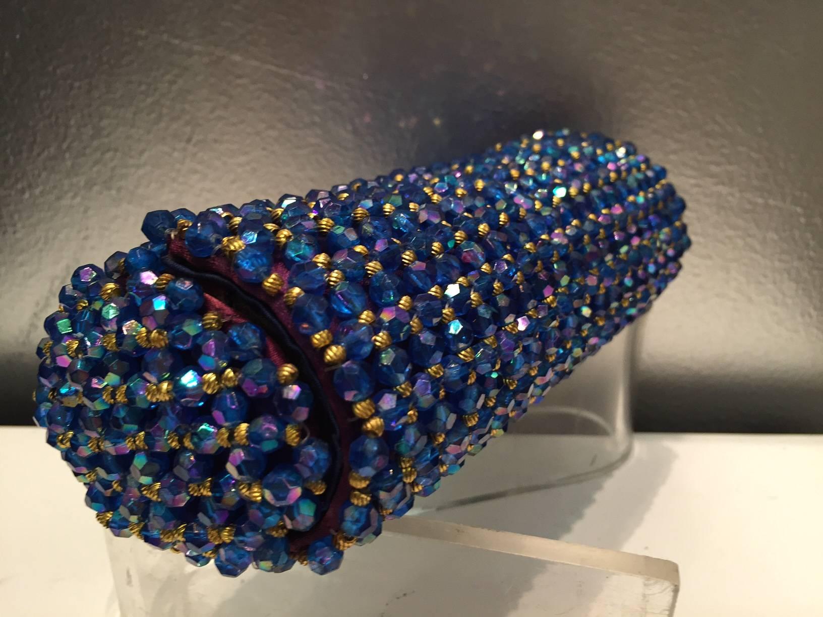 1950s Koret Sapphire Blue and Gold Beaded Barrel Clutch In Excellent Condition In Gresham, OR