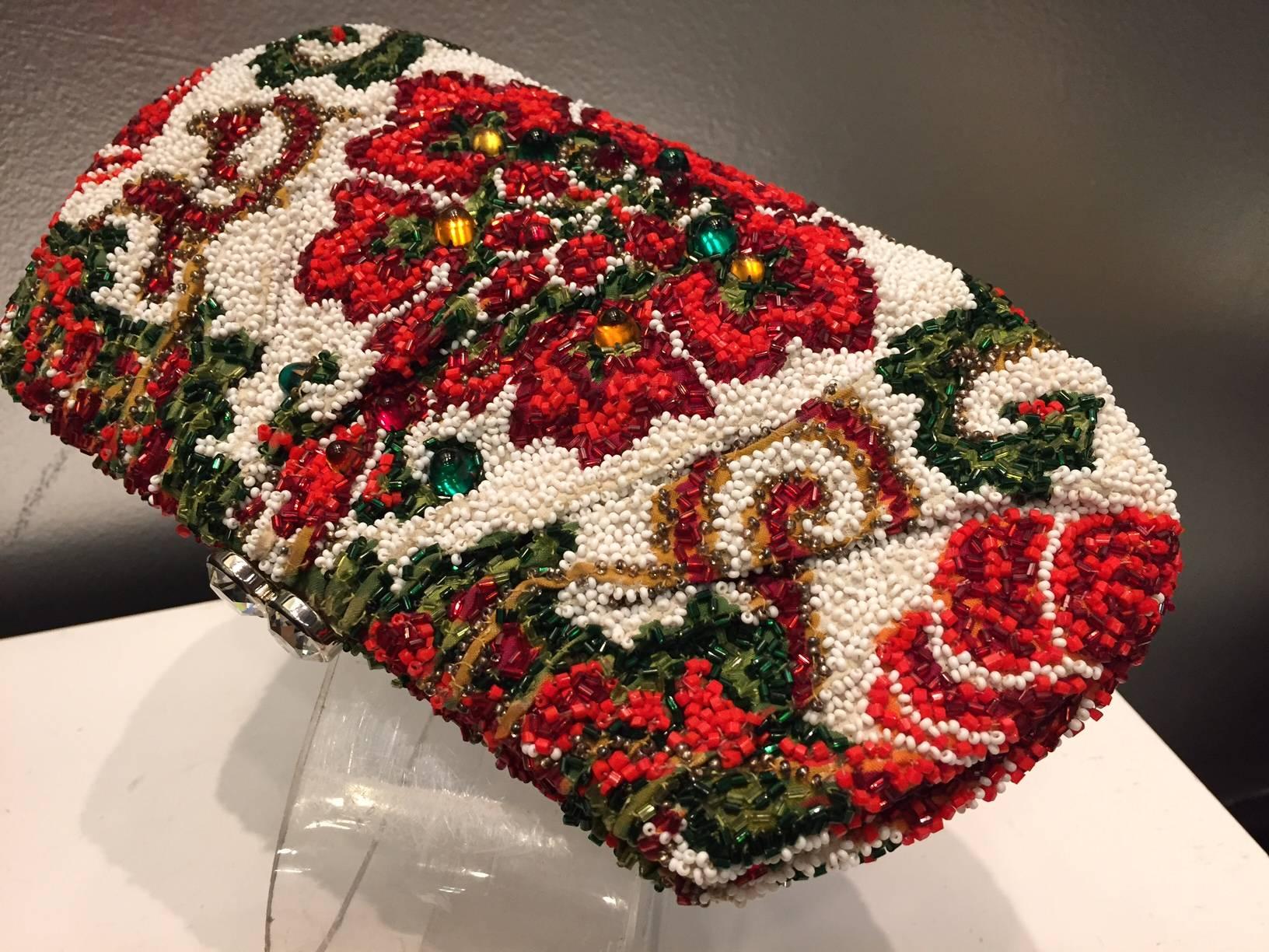 Brown 1950s Nettie Rosenstein Stylized Floral Beaded and Stoned Evening Clutch 