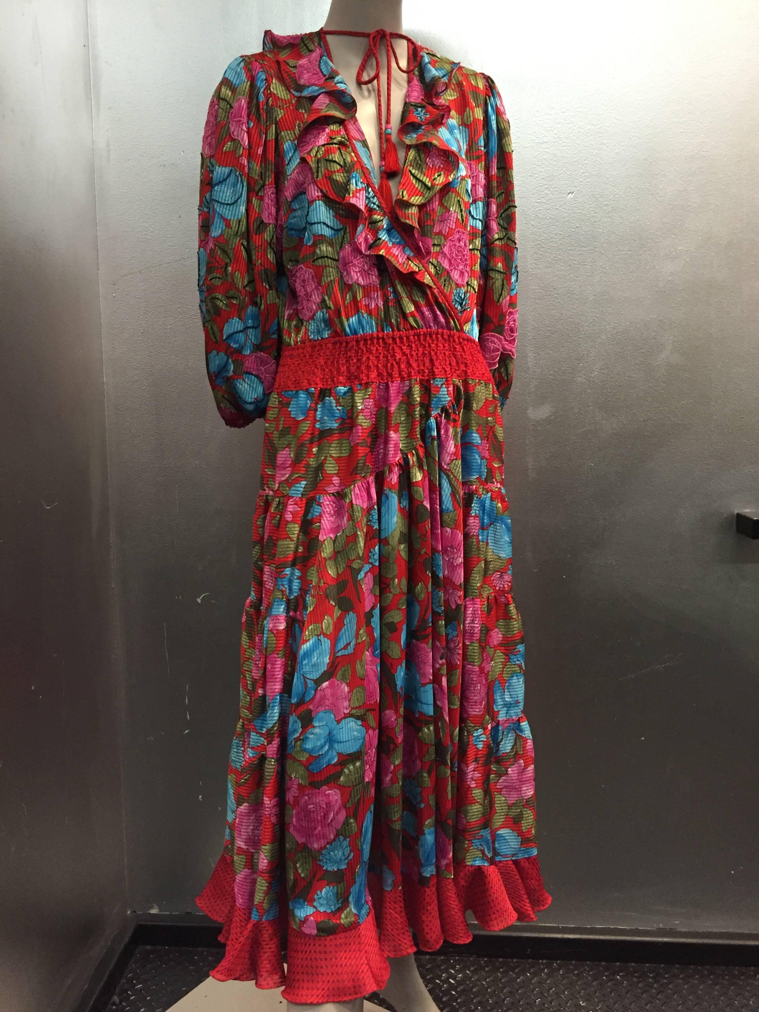 Pink 1980s Diane Frès Floral Print Georgette Peasant Gypsy Style Dress