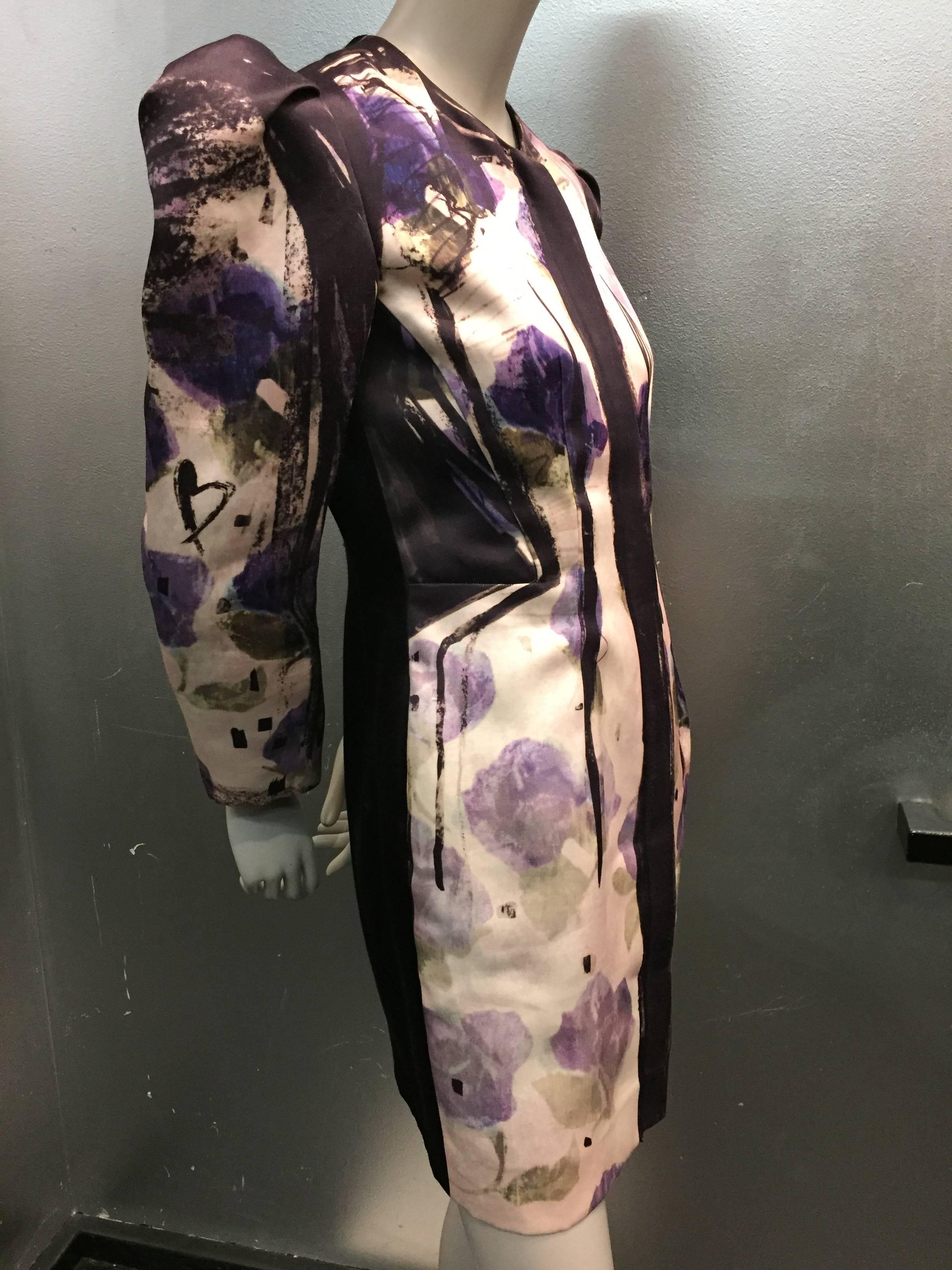 Lanvin cotton and silk, hand-painted ombré floral tunic length jacket with front zip closure, no collar and voluminous pleated shoulder detail. Great seaming details at side waist. 

Runway show piece purchased at France show Les 10 Ans !~
