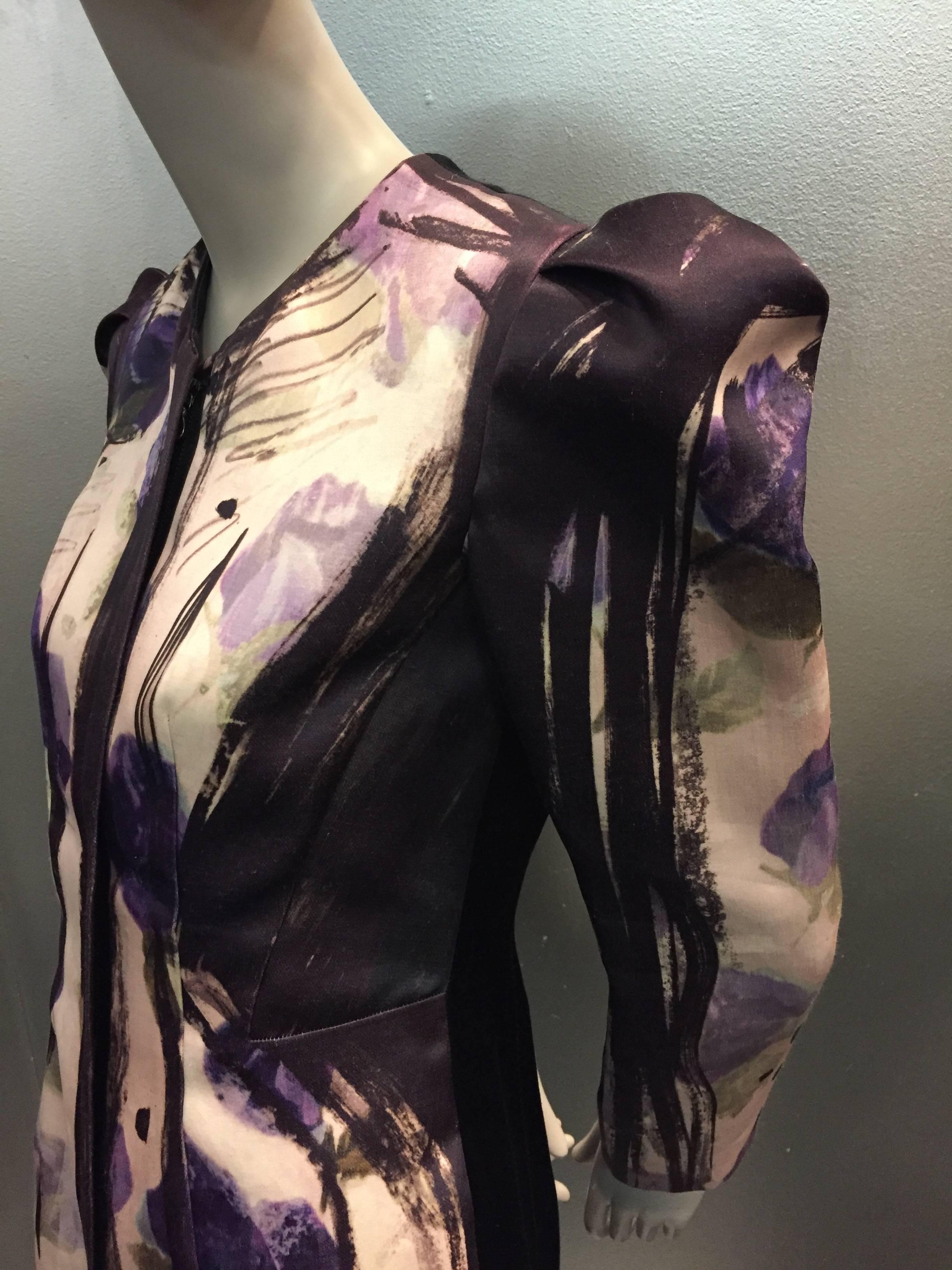 Noir Lanvin - Veste de défilé en soie peinte à la main à motifs floraux ombrés avec plis sur les épaules en vente