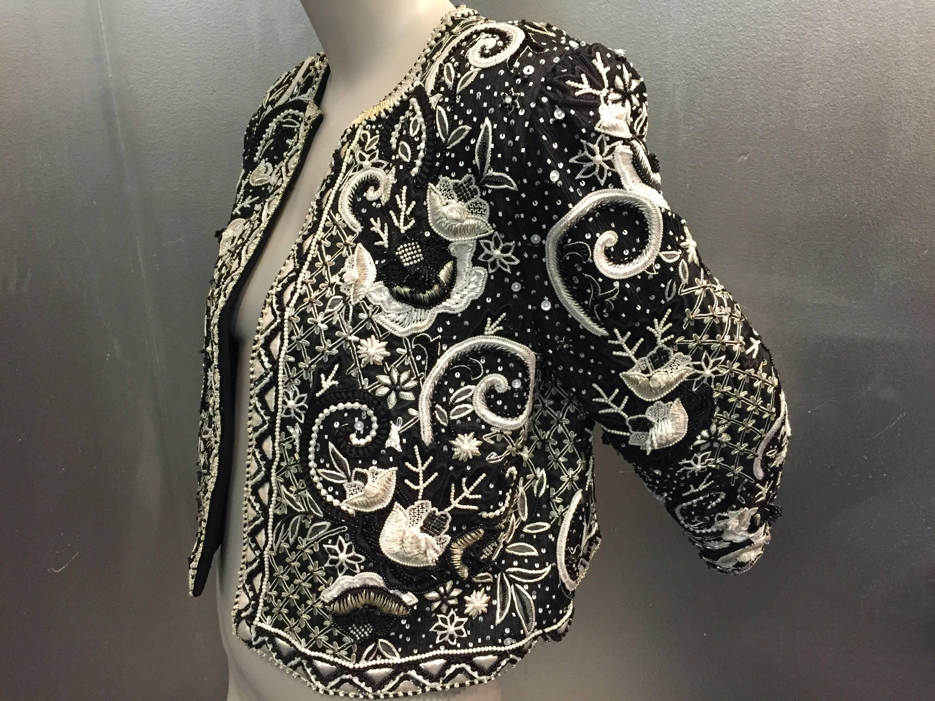 1980s Givenchy Couture Heavily Beaded and Embroidered Black Evening Jacke In Excellent Condition In Gresham, OR