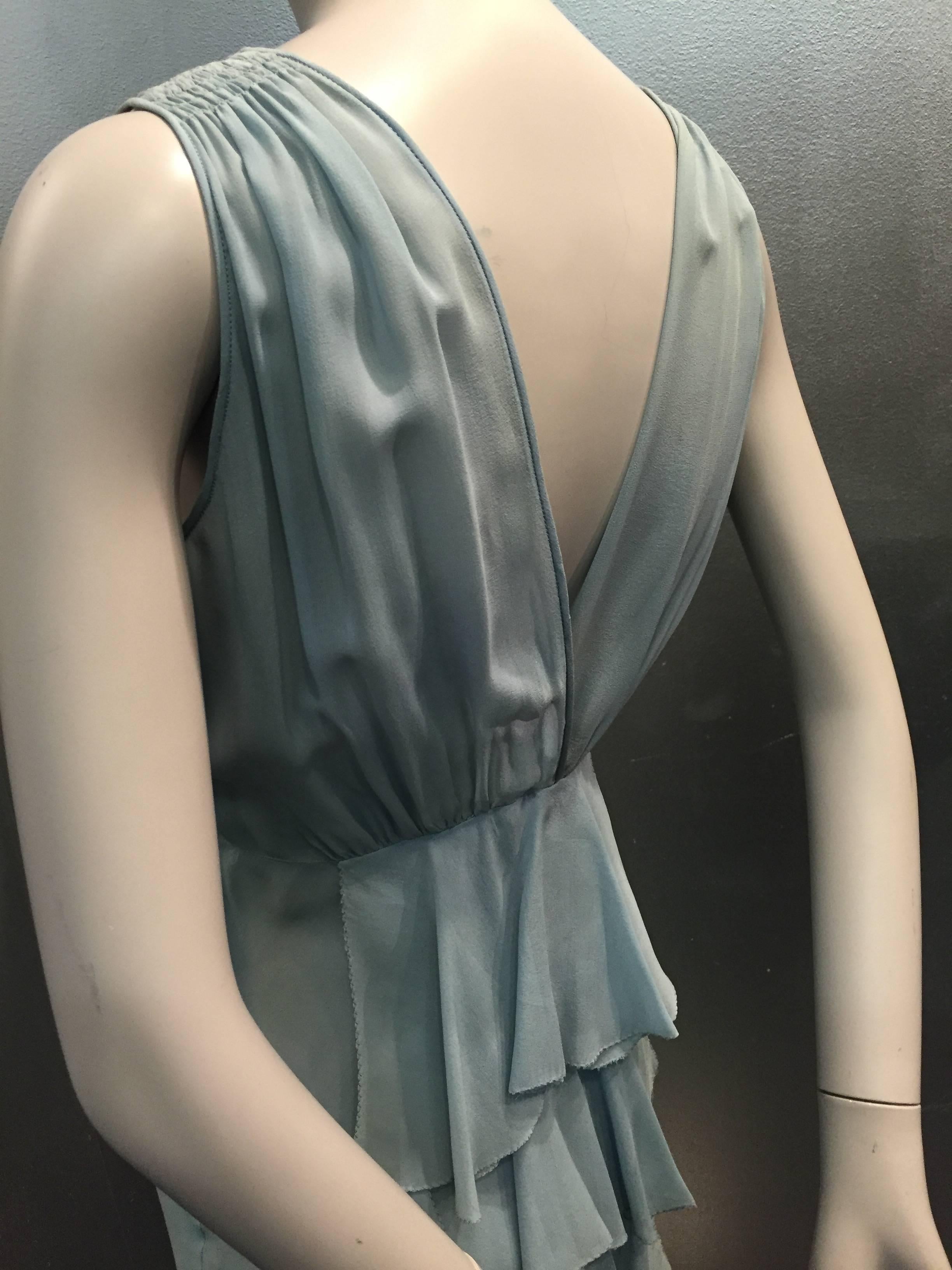 Gray 1930s Powder Blue Silk Chiffon Bias Cut Ruffle Train Gown w/ Ruffled Caplet
