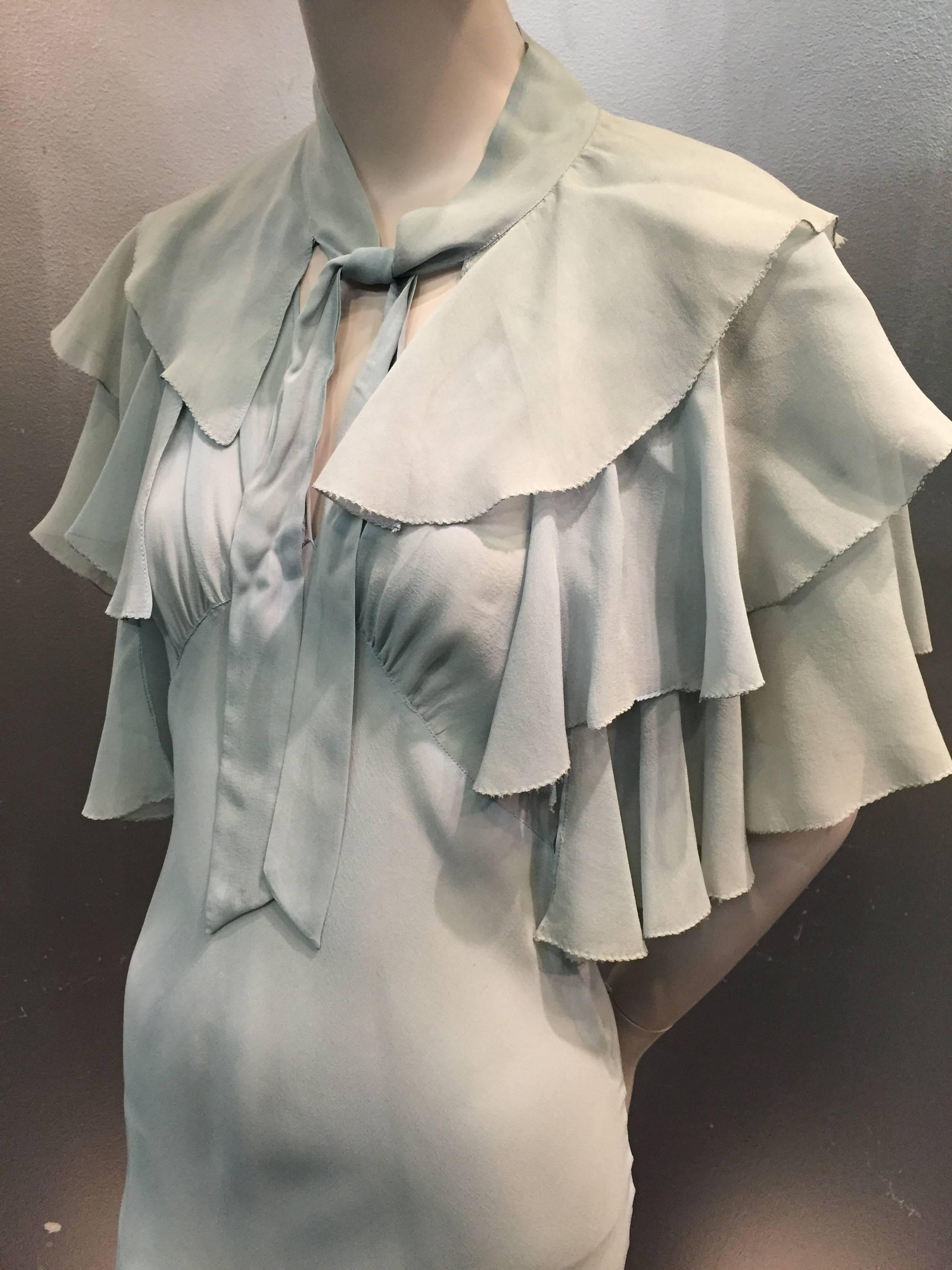1930s Powder Blue Silk Chiffon Bias Cut Ruffle Train Gown w/ Ruffled Caplet In Excellent Condition In Gresham, OR