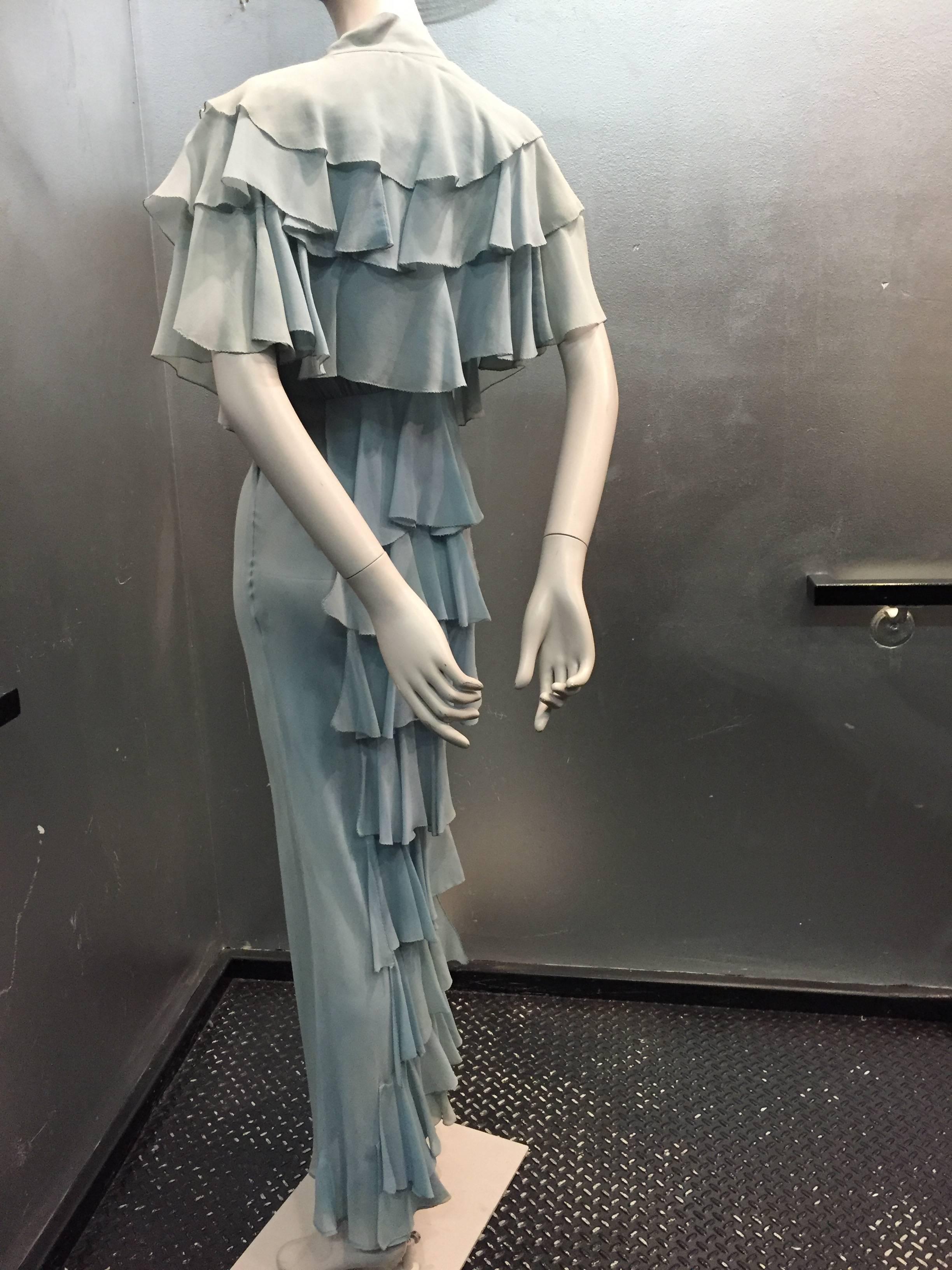 Women's 1930s Powder Blue Silk Chiffon Bias Cut Ruffle Train Gown w/ Ruffled Caplet