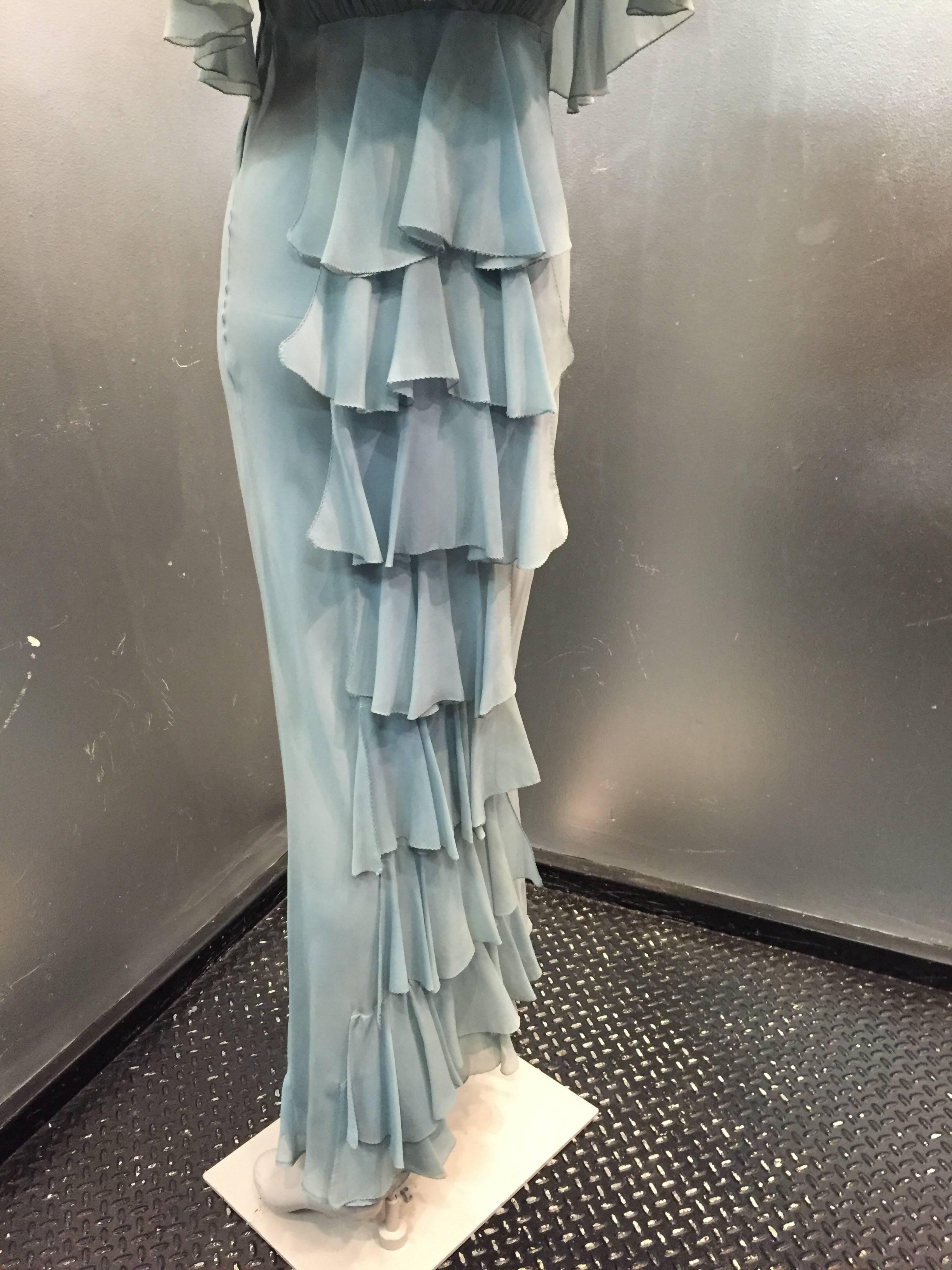 1930s Powder Blue Silk Chiffon Bias Cut Ruffle Train Gown w/ Ruffled Caplet 1