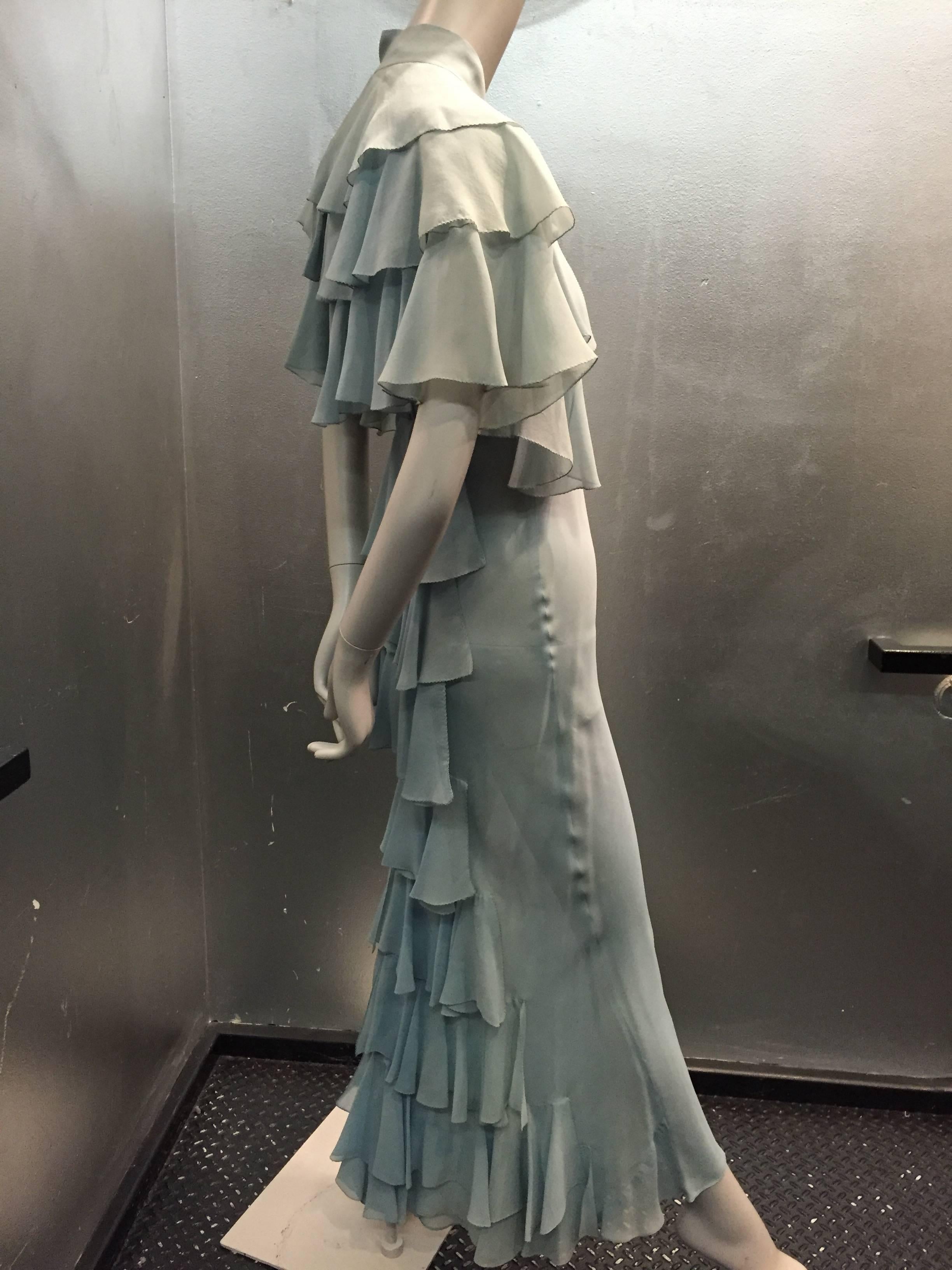 1930s Powder Blue Silk Chiffon Bias Cut Ruffle Train Gown w/ Ruffled Caplet 3