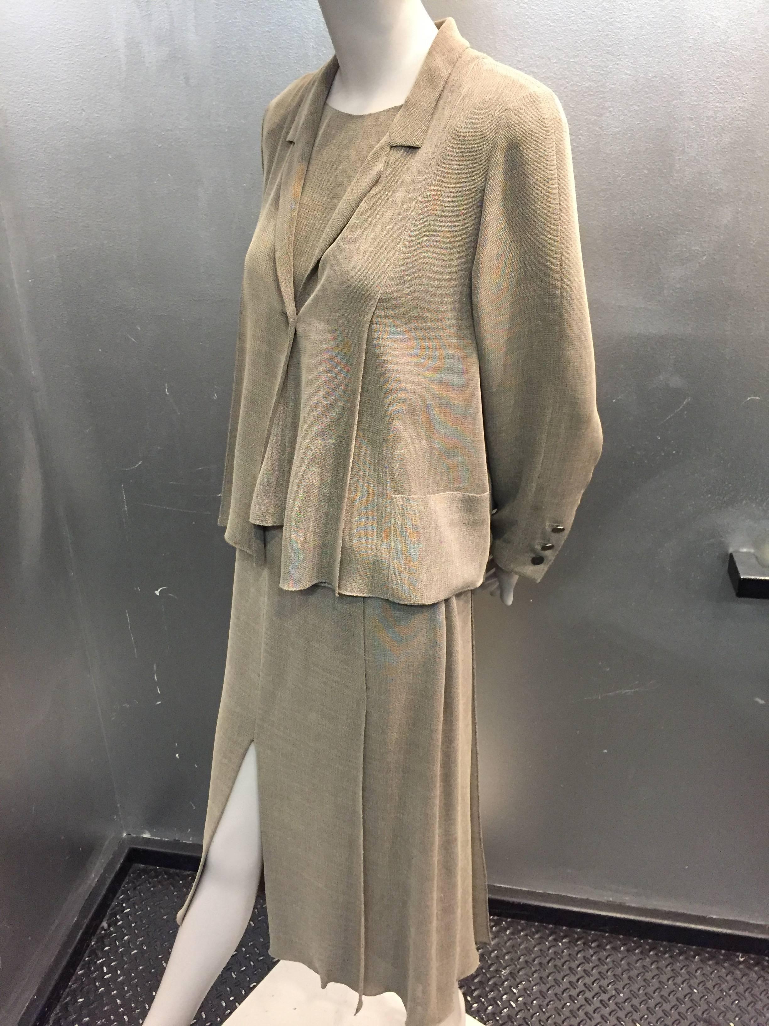 Brown Chanel Loden Green Summer 3-Piece Skirt Suit w/ High Slits