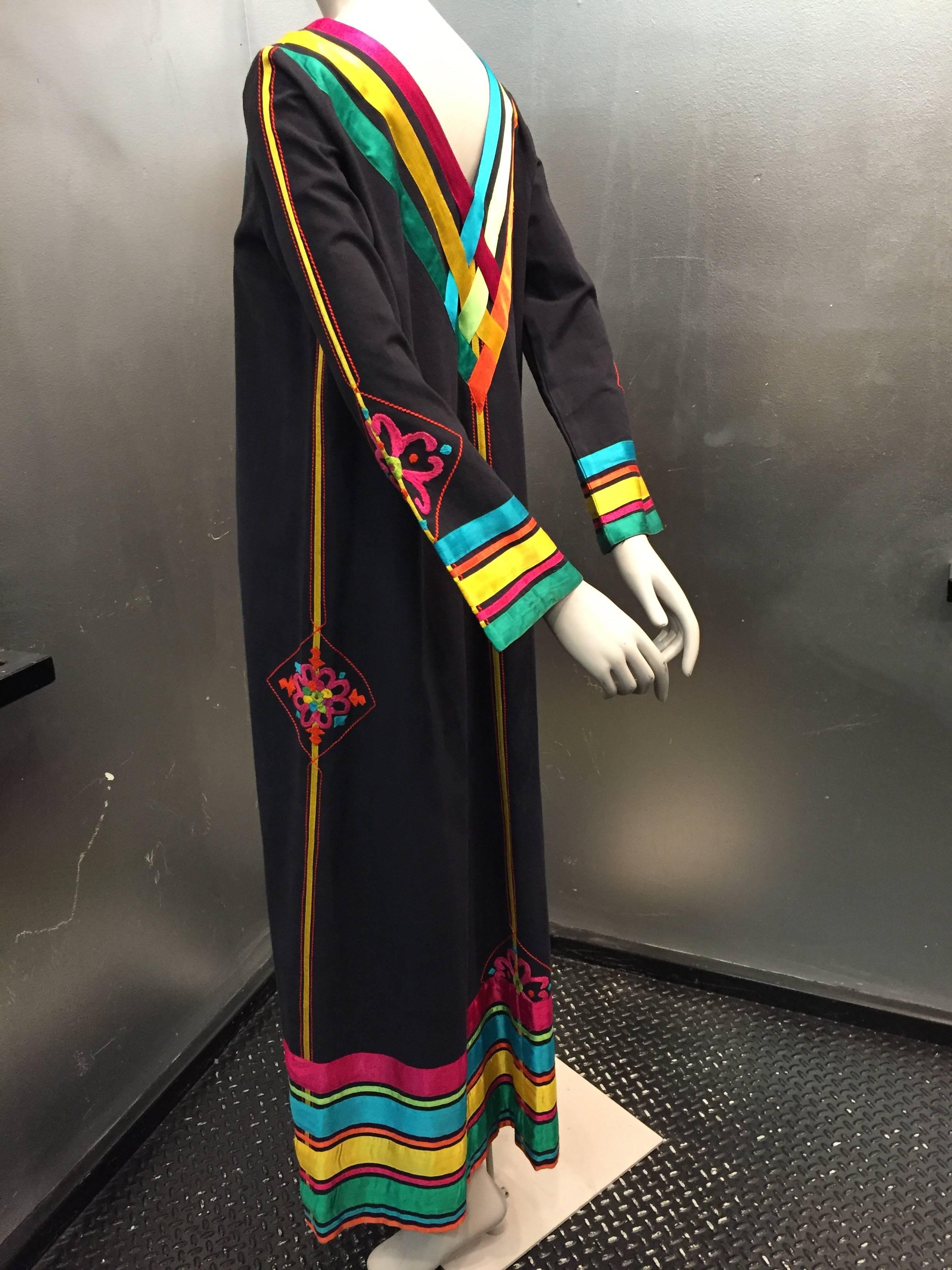 1970s Josefa hand-crafted cotton caftan with rainbow ribbon trim and hand embroidery. Originally sold at I. Magnin
