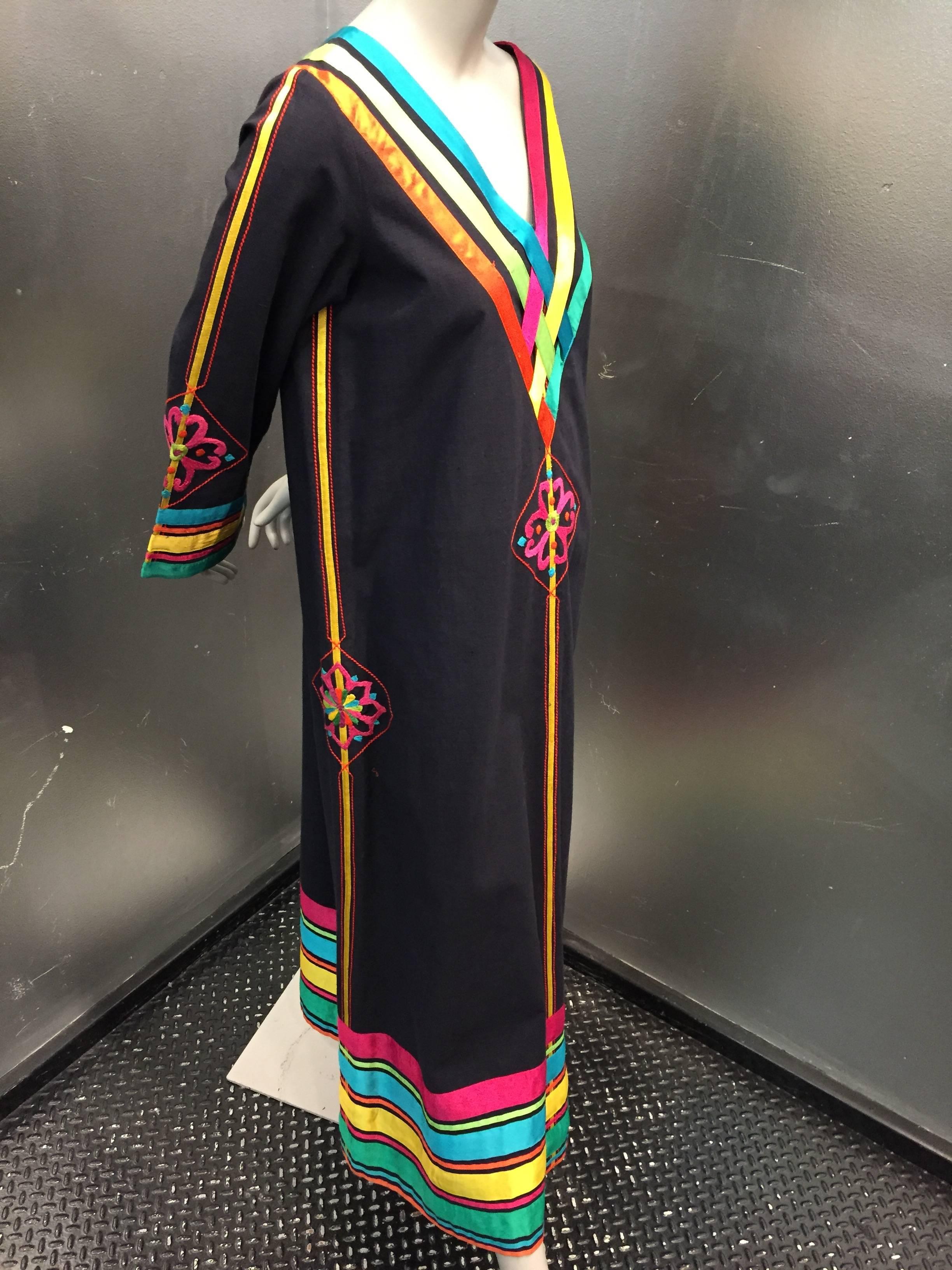 Black 1970s Josefa Hand-Crafted Cotton Caftan with Rainbow Ribbon Trim and Embroidery