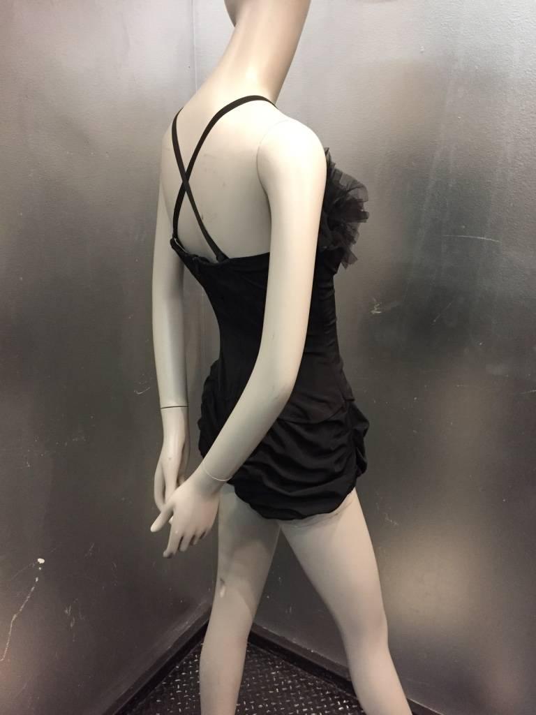 1950s Rose Marie Reid Black Swimsuit with Rhinestoned Tulle Ruffled Bust. In New Condition In Gresham, OR