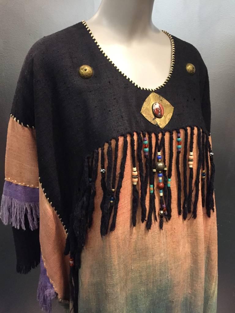Black 1980s Art-to-Wear Silk Fringed and Beaded Ombré Caftan