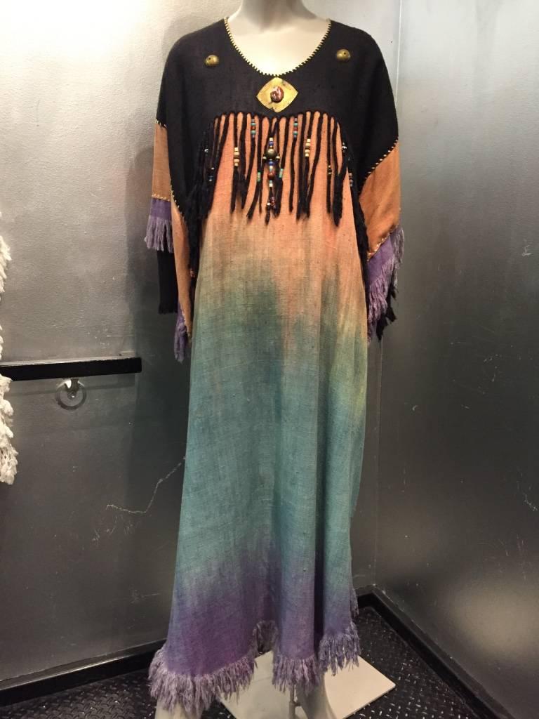 1980s Art-to-Wear Silk Fringed and Beaded Ombré Caftan 1